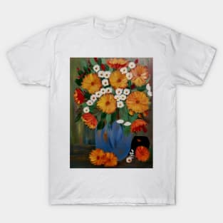 orange flowers and daisy's in a blue and gold vase T-Shirt